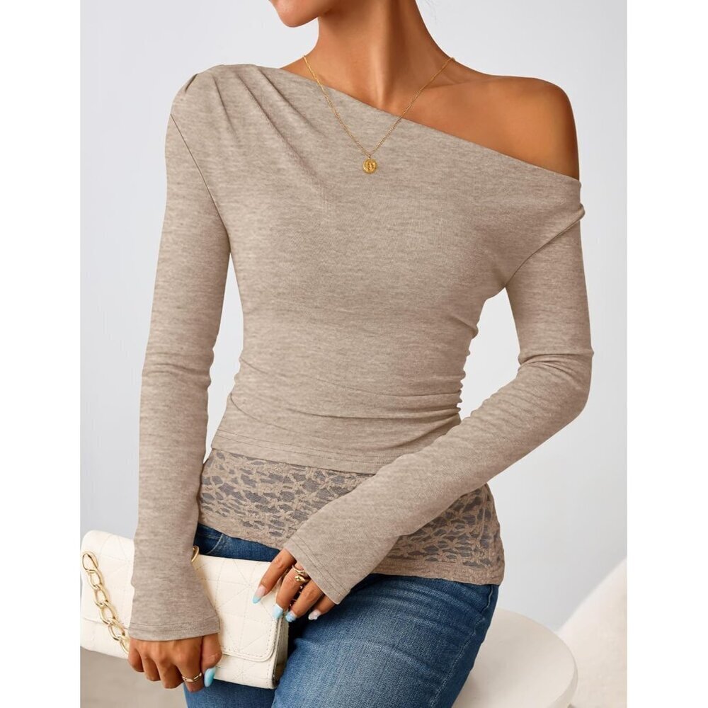 Women's Khaki Long Sleeve Off Shoulder Tops Casual Boat Neck Lace Shirts Blouses